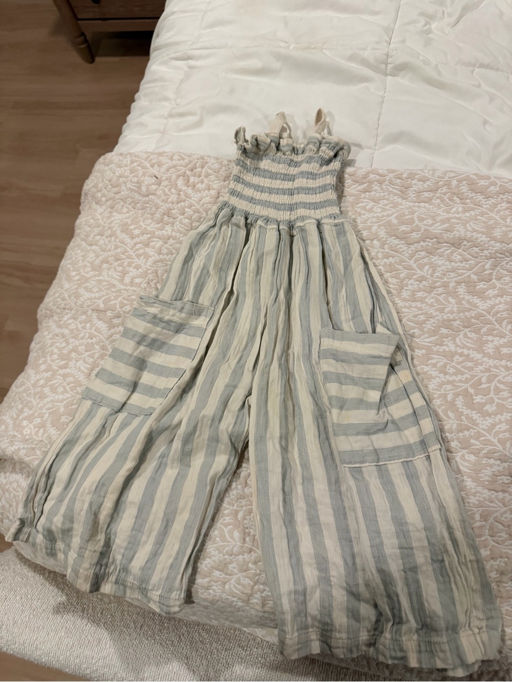buho Striped Smocked Wide-Leg Jumpsuit in Light Blue & Cream